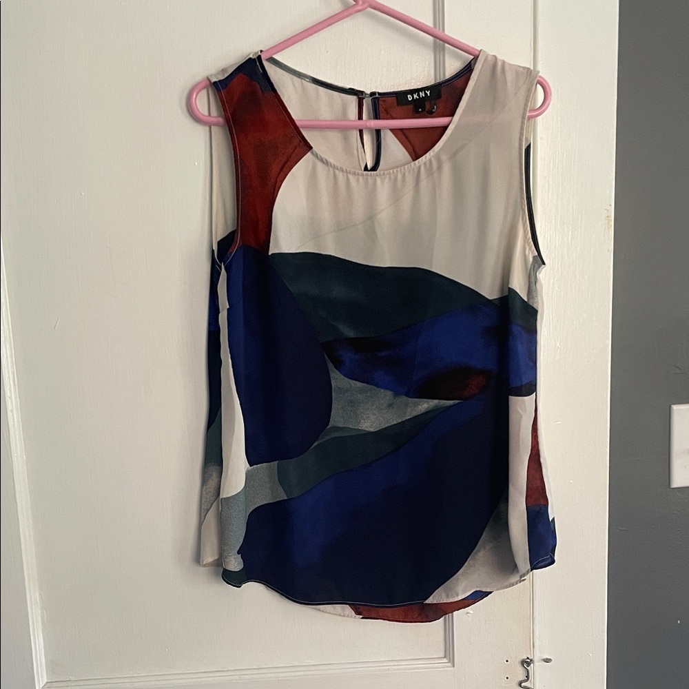 DKNY Women's Blue and Red Abstract Blouse